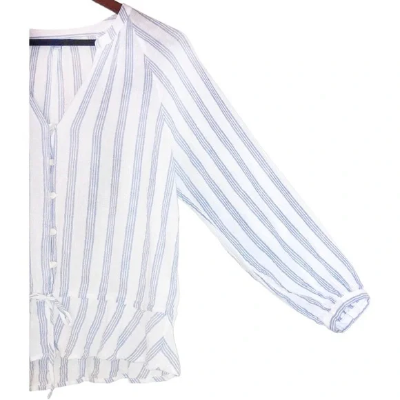 Rails Marti Cayman White/Blue Stripe Long Peasant Sleeve Linen Button Front Top - Picture 8 of 11
